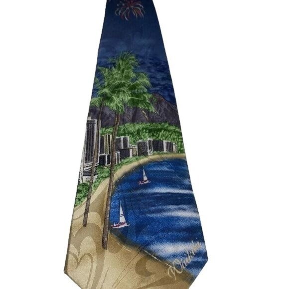 hawaiian tropical Other - Tropical Hawaiian handmade men’s tie with Waikiki theme blue tan multi colored